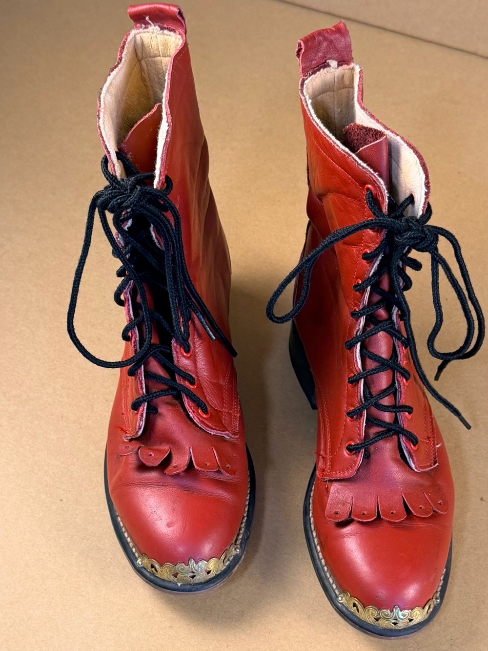 Vintage 70s Laredo Red Frill Toe Lace Up Leather Cowboy Boots Heel Women 6.5 - Picture 5 of 9